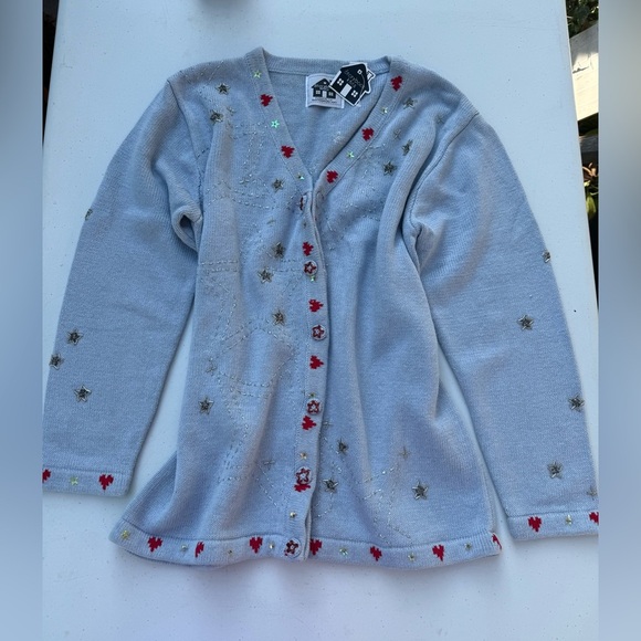 Storybook Knits Sweaters - Storybook Knits Light blue Cardigan with Red and Gold Accents